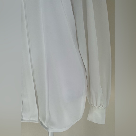 VINTAGE HIGH NECK PEARL LOOK BUTTON FRONT PLEAT DRESS BLOUSE, WHITE, SZ M-L - Picture 6 of 12